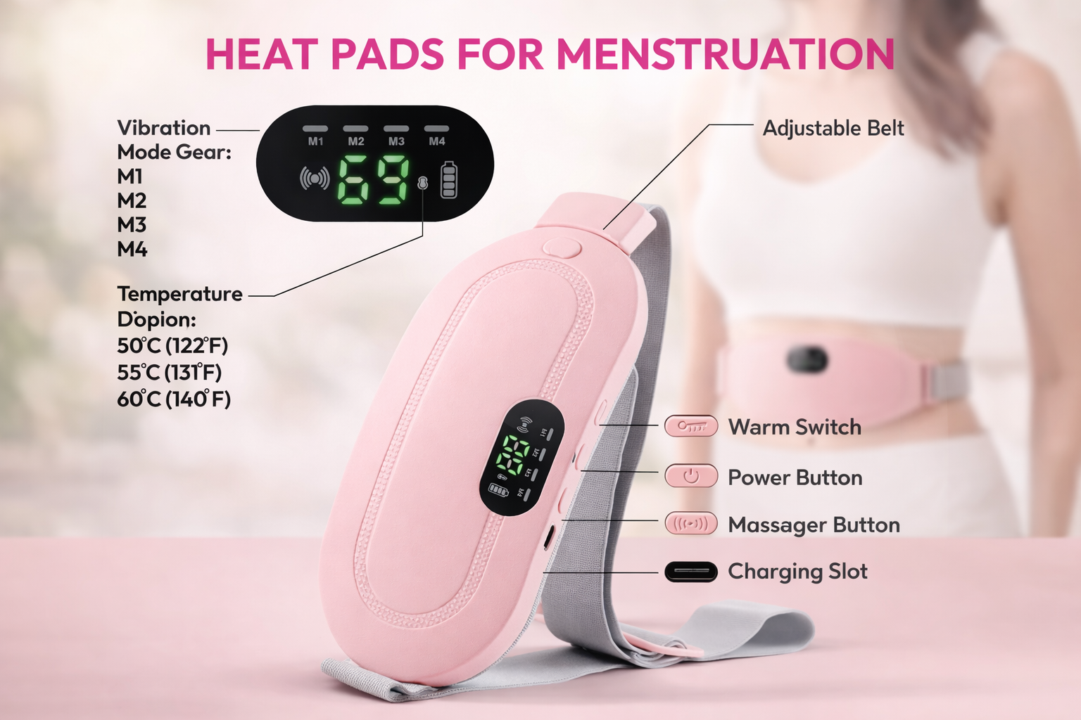 Portable Heating & Massage Belt for Period Cramps – Fast Warm Relief for Abdominal & Back Pain (Women)